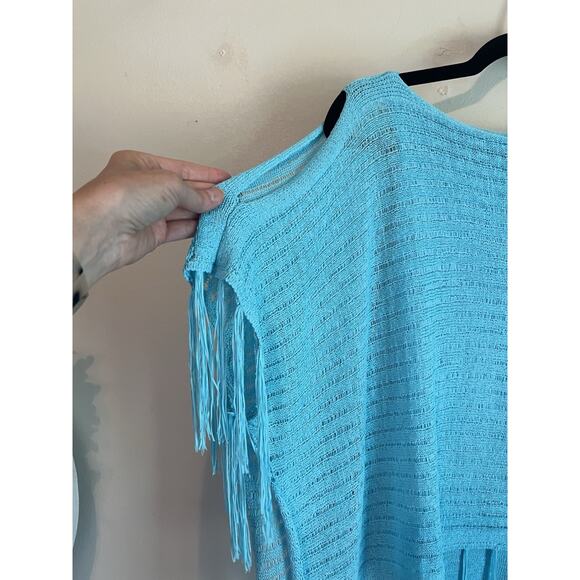 Chicos Aqua Blue Cold Shoulder Short Sleeve Fringe Shirt Womens 1 - Picture 6 of 8